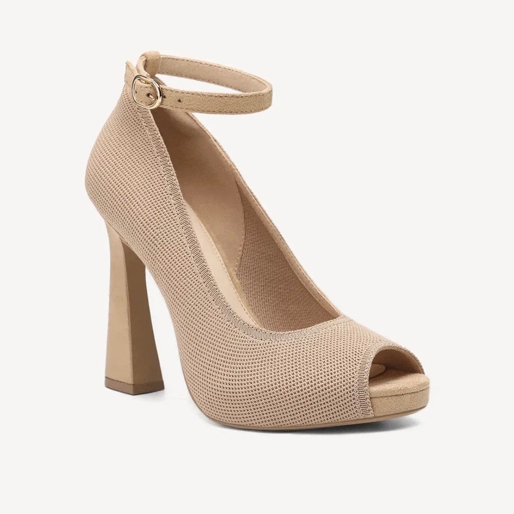 NEW Cosy Island PowerWalk Woven Peep Toe Velvet Heeled Pump in Cream Apricot 6.5